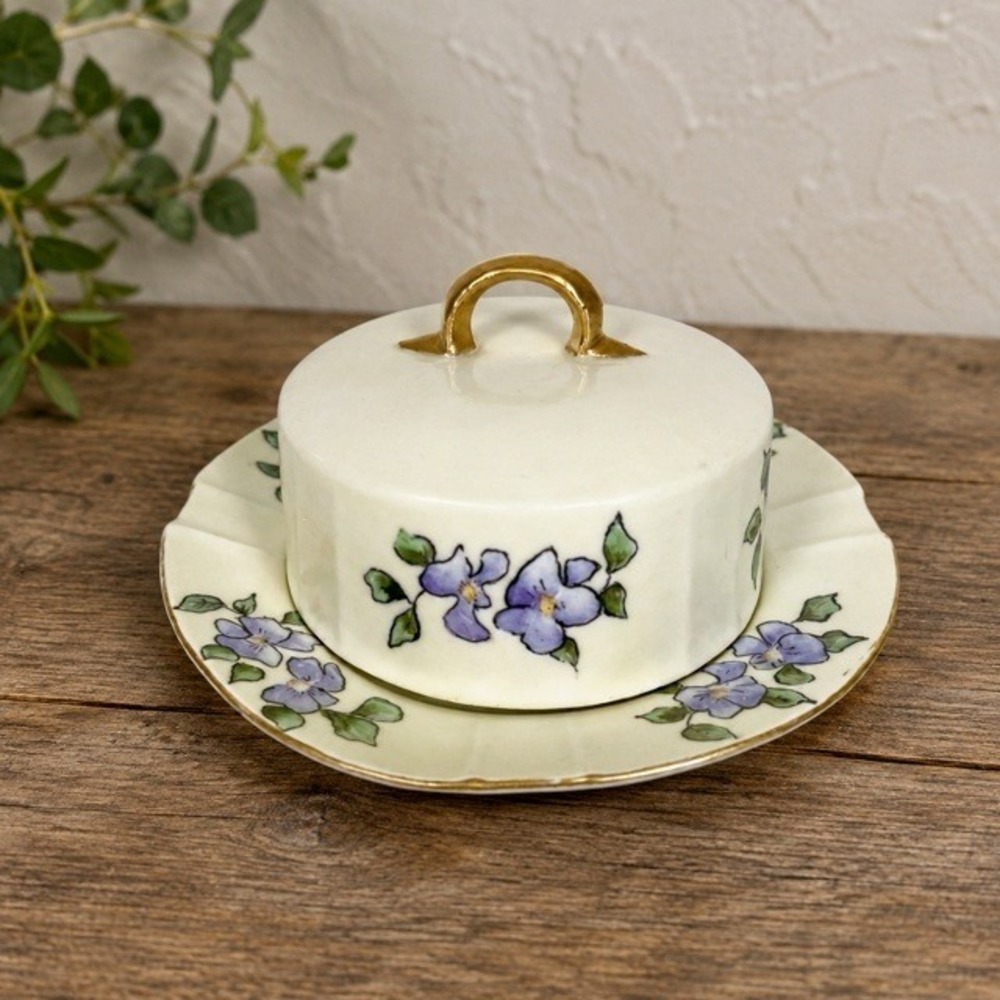 Antique Hand Painted Porcelain Covered Butter Dish Violets Gold Gilt 6"